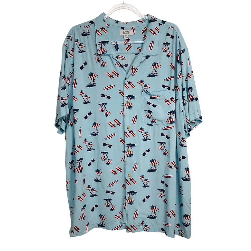Croft & Barrow Mens 2XB Blue Tropical Surfboard Rayon Button Down Shirt Graphic